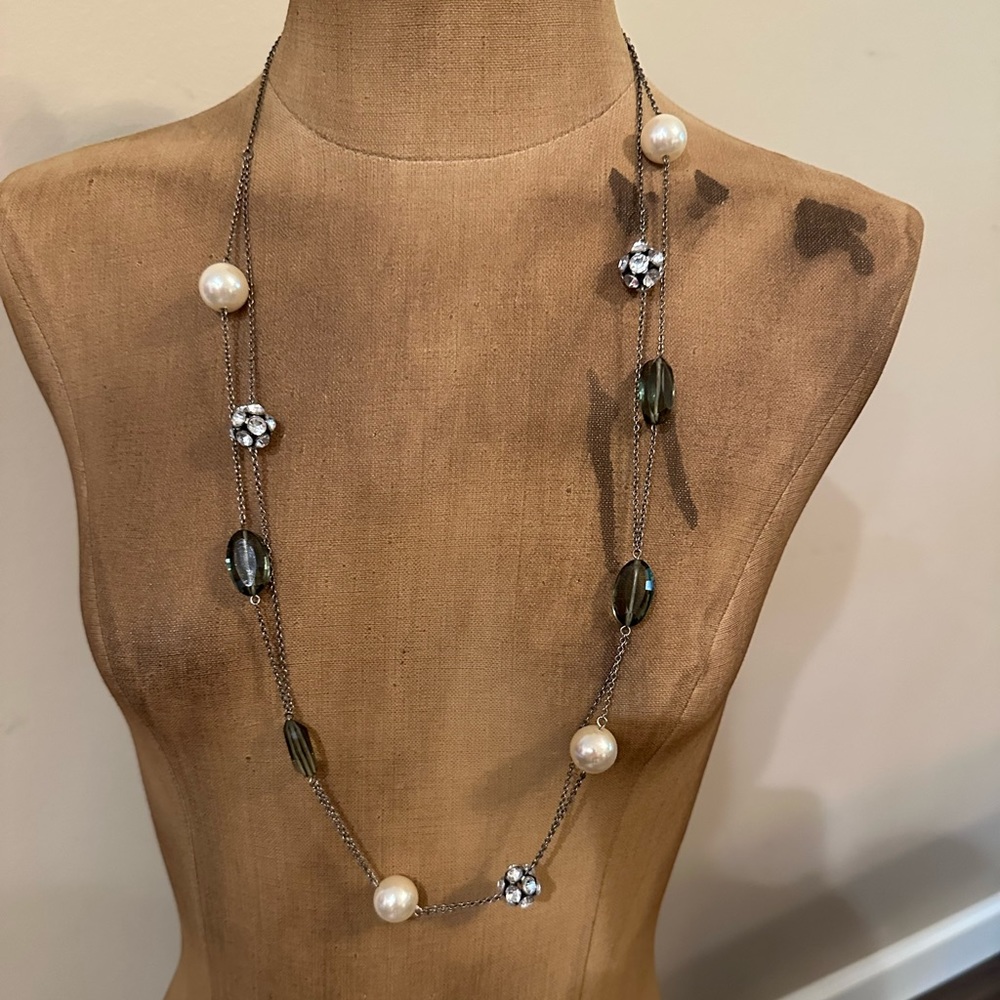 JCrew Smoky Quartz Crystal Peal and crystal ball long necklace
